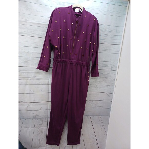 Styles To Go Jumpsuit Burgundy Purple Long Sleeve Stretch Studded Sz M - Picture 1 of 7
